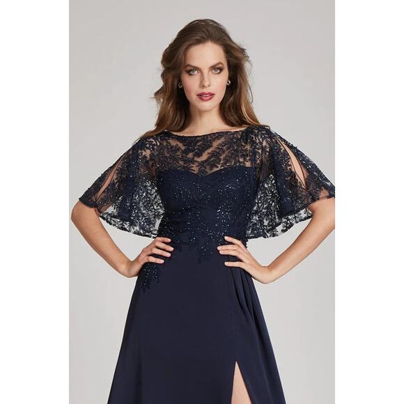 Teri Jon Emma Gown Navy Blue Sequin Lace Flutter Sleeves Side Slit Sz 2 - Picture 2 of 11